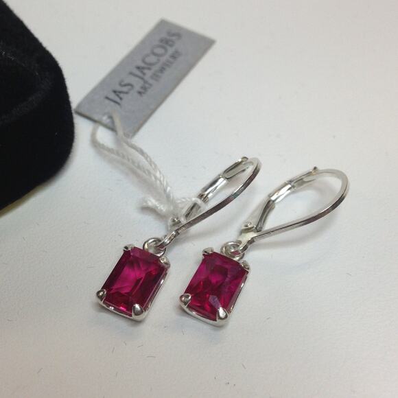 Beautiful 2ctw Emerald Cut Ruby Earrings in Sterling Silver Drop Dangle Earrings - Picture 2 of 5
